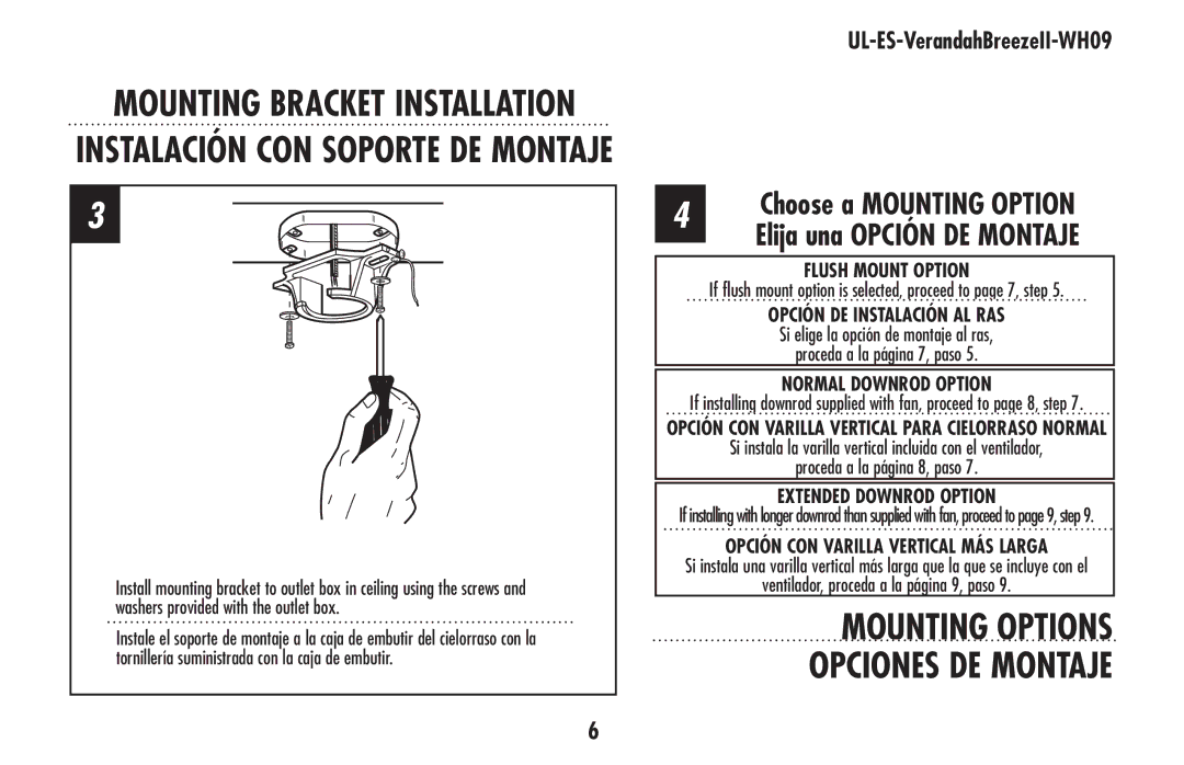 Westinghouse UL-ES-VerandahBreezeII-WH09 owner manual Mounting Options, Flush Mount Option 